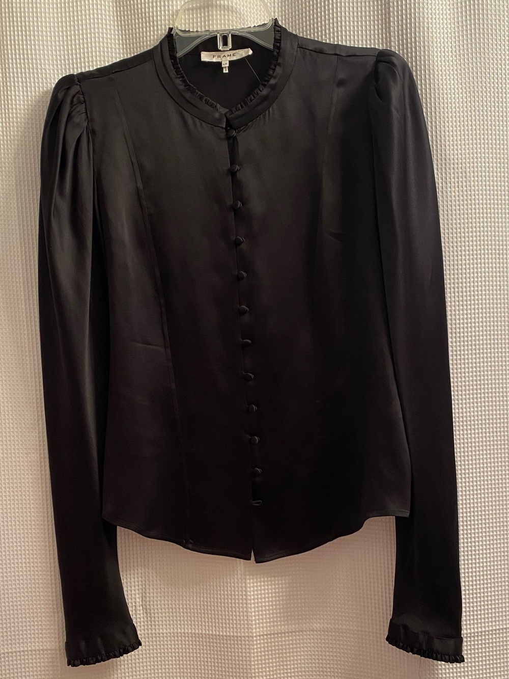 Frame Silk Button-Front Blouse with Puff Shoulders